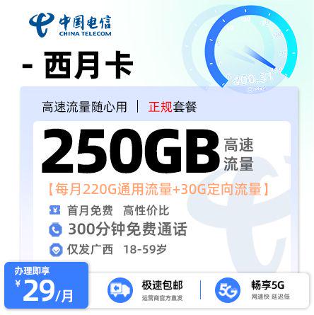 电信西月卡29元享250G流量+300分钟通话