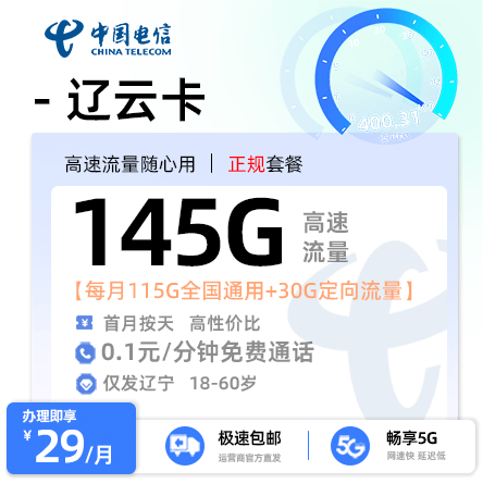 电信辽云卡【辽宁专属】  29元/月享115G全国通用流量+30G定向流量+0.1元/分钟通话