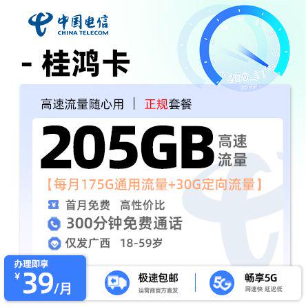 桂林电信桂鸿卡39元享205G流量+300分钟通话